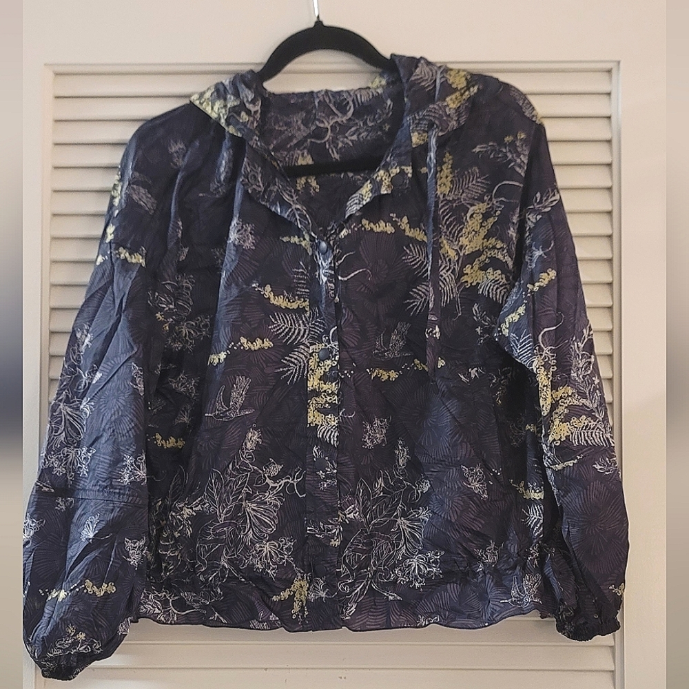 G Studio- Floral & Bird Print Lightweight Hooded Windbreaker Jacket